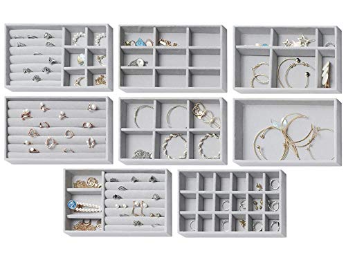 Nwvuop Schmucktablett, 8 Stück, stapelbar, Schmuck-Organizer für Armbänder, Halsketten, Ohrringe, Ringe, Schmucktablett für Schublade, grau Cover