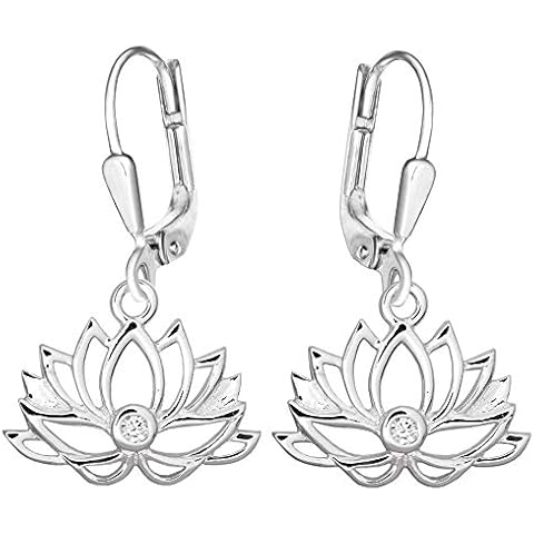 Clever Schmuck Silver Lotus Flower Earrings 28 mm as Women's Earrings 11 x 17 mm with Zirconia White Shiny Sterling Silver 925 in Case White Cover