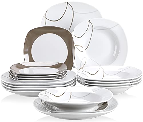 VEWEET Service de table « Nikita » en porcelaine - 18 pièces - Pour 6 personnes - Avec 6 assiettes à dessert, 6 assiettes creuses et 6 assiettes plates.