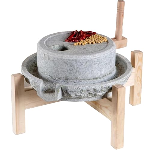 Molinillo de grano de mano para harina fresca, molino de piedra con marco de madera, molinos secos/húmedos para granos, cebada, especias, molienda manual eficiente en casa