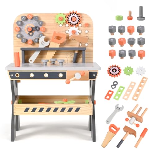 Yontwe Banco da Lavoro per Bambini in Legno, Strumenti di Gioco Banco degli Attrezzi in Legno Multifunzione Tabella...
