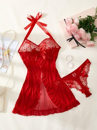 Image of Foxiny Sexy Halter Open Front Ruffle Sheer Mesh Lace Babydoll Lingerie Dress with Thong 2 Piece
