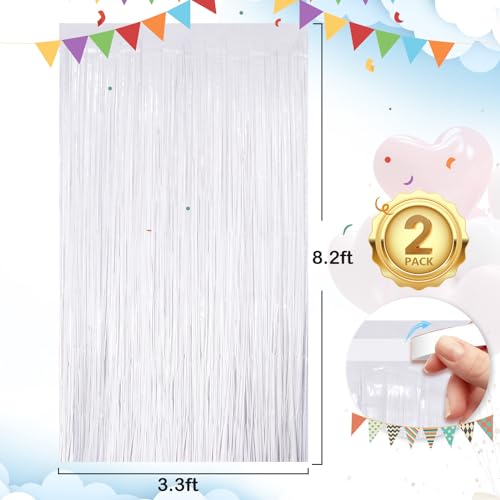 Image of UWPVOWSR White Fringe Curtain Party Streamers 2Pack 3.3 x 8.3 Ft Foil Fringe Backdrop Curtains for Birthday Wedding Bridal Baby Shower, Holiday Tinsel Streamers White Party Decorations Door Streamers