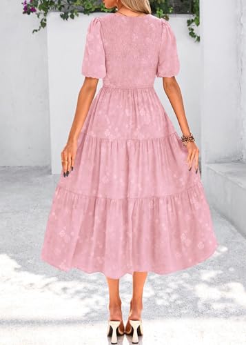 Image of KIRUNDO Womens Summer Dresses Wedding Guest Floral Midi Sundress Short Puff Sleeve Flowy A Line Smocked Tiered Boho Dress