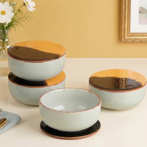 Image of The Earth Store Mint Marble Ceramic Bowl with Lid Set of 4, 580ML | Multipurpose Coaster /Lid | Dishwasher & Microwave Safe Bowl | Ideal for Rice, Dal, Fruits, Salad, Snack, Mixing Bowl