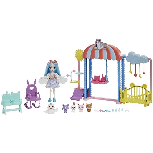 Enchantimals Baby BFFs Guardería de Starley Stork Muñeca cigüeña con Set de Juego, 5 Mascotas y Accesorios, Juguete +4 años (Mattel HLH23)