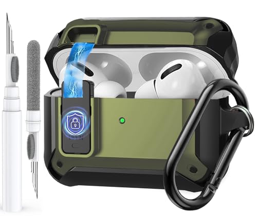 Image of Olytop for Airpods Pro 3 Case with Magnetic Automatic Lock, Rugged Apple Airpods Pro 3rd Generation Cover 2025, Armor Shockproof iPod Pro3 Gen Protective Hard Shell Carabiner&Cleaner kit, Army Green