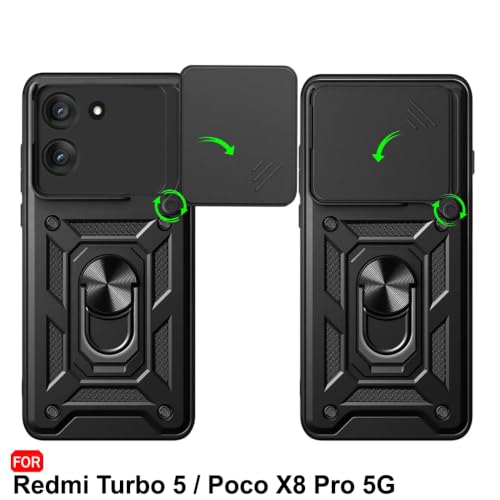 Image of TheGiftKart Tough Armor Bumper Back Cover Case for Mi Redmi Turbo 5 5G / Poco X8 Pro 5G | Kickstand & Ring Holder | 360 Degree Protection Back Cover Case (PC & TPU, Sliding Camera Cover, Black)
