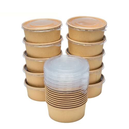 London Coffee Cups 750ml Round Kraft Recyclable Food Containers with Lids - Takeaway Bowls for Hot/Cold Food - Leakproof Food Containers - Brown Cardboard Packaging Bowl (50)