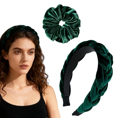 Haarreifen Damen Elegant Set, Geflochtener Trachten Haarreifen Damen Haarschmuck Haarreif Dirndl Samt Oktoberfest Accessoires Anti-Rutsch-Stirnband für Damens Grün
