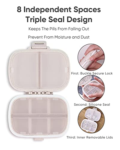 holii travel pill organizer 8 compartments portable pill case daily pill box to hold vitamins small pill container for pocket purse medicine organizerkhaki