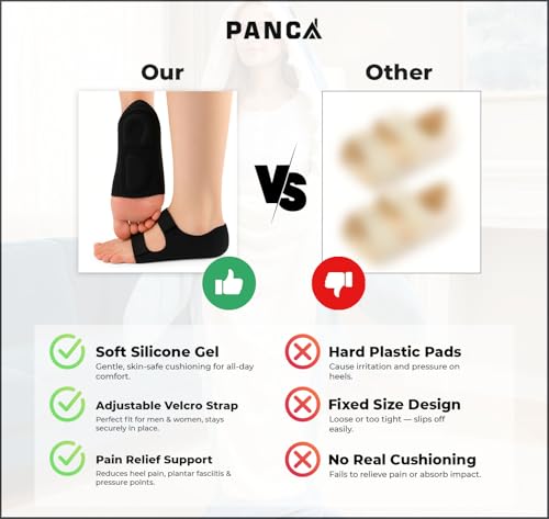 Image of PANCA Silicone Gel Heel Protectors with Adjustable Strap | Heel Pain Relief Support for Plantar Fasciitis, Heel Spurs & Cracked Heels | Soft Medical Grade Heel Cushion for Arch Support, Achilles Tendon & Foot Protection (2 Pack, Black)