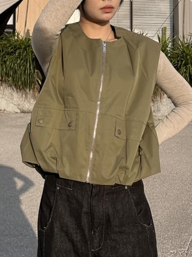 Vest Tops For Women Casual Zip Up Vest Cargo Oversized Ruched Hem Sleeveless Blazer Jackets Tops M-XL3