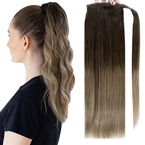 Full Shine Ponytail Extensions Wrap Around Comb in Extension Human Hair 18 Inch Balayage Color 2 and 8 Brown Natural Hair Extensions for Women 80 Grams Remy Hair Ponytail Extensions