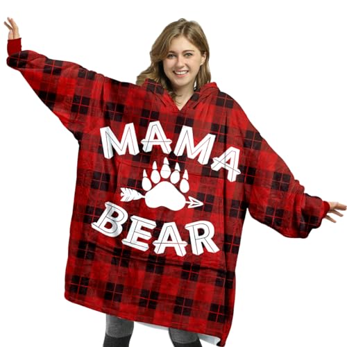 Fastpeace Mama Bear Wearable Blanket Hoodie – Buffalo Plaid Hooded Blanket for Mom, Mothers Day, Birthday Gifts from Daughter, Son and Husband, Gifts For Wife From Husband, Wife Birthday Gift