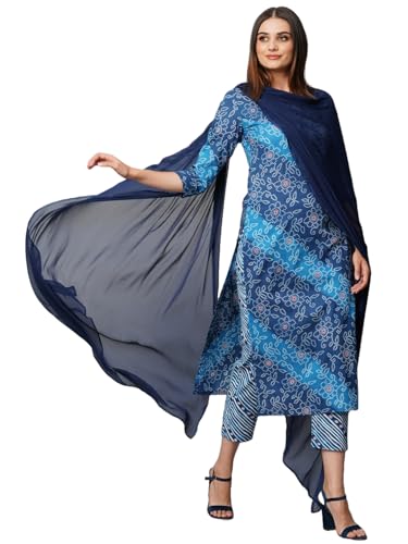 Image of GoSriKi Women's Cotton Blend Printed Straight Kurta with Pant & Dupatta