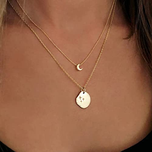 Feskive 14K Gold/Silver Plated Crescent Moon Necklace Tiny Moon And Star Necklace Dainty Sun Leaf Necklace Gold Pendant Necklace For Women Girls Delicate Minimalist Jewelry #TOP4
