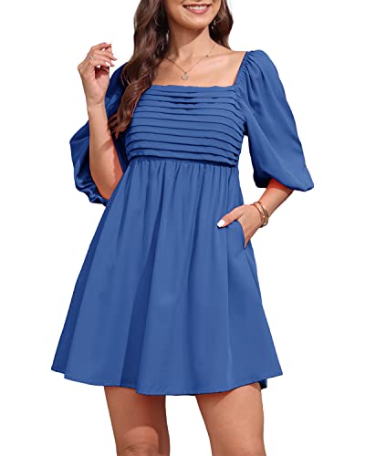 Ebifin Womens Square Neck Dresses Half Puff Sleeve High Waist A-Line Casual Backless Smocked Short Babydoll Mini Dress4