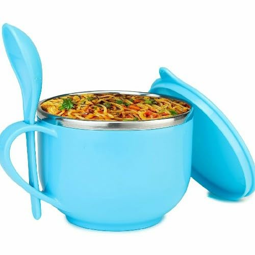 Image of Maggi Noodles & Soup Bowl with Spoon, Airtight Leakproof Lid, Handle,Spoon Holder, Stainless Steel Soup-tok Stainless Steel Storage (Blue)