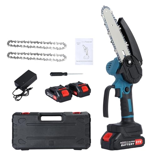 Mini motosierra inalámbrica de 6 pulgadas, motosierra eléctrica portátil con 2 pilas recargables, bloqueo de seguridad, pequeñas motosierras alimentadas por batería, herramienta ligera Azul