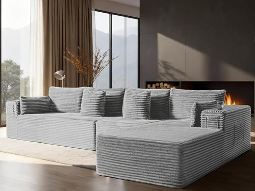 Image of 138 inch Oversized Cloud Sectional Couch, Comfort L Shaped Boneless Couch for Living Room, Extra Deep Seats No Assembly, Minimalist Modular Sofa, Corduroy (Light Grey, 3 seater+Right Facing Chaise)
