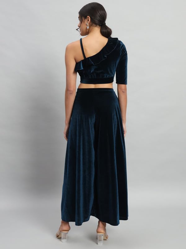 Image of Vaararo Velvet Co-Ords for Women | One Sleeve Crop Top with Palazzo Set Casual Party Dress