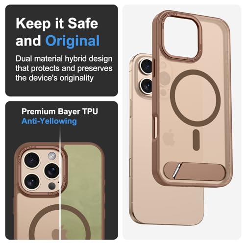Image of GUAGUA Case for iPhone 16 Pro with Invisible Kickstand, Satin Skin Feel Matte Anti-Scratch, Slim Military-Grade Shockproof Protective Semi-Transparent Cover for iPhone 16 Pro 6.3 inch, Brown
