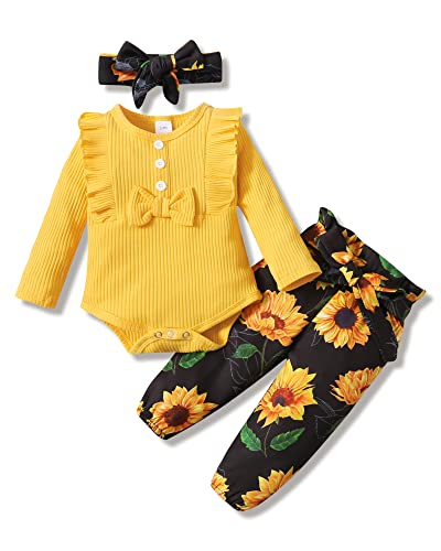 Newborn Baby Girl Clothes Infant Ruffle Romper with Cute Headband + Pants Outfits 3pcs Toddler Girls Clothe Set Yellow