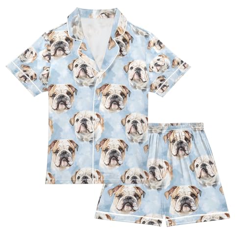 senya Cute Bulldog Head A Satin Summer Pajama Sets Silk Short Sleeve Button Down Sleepwear