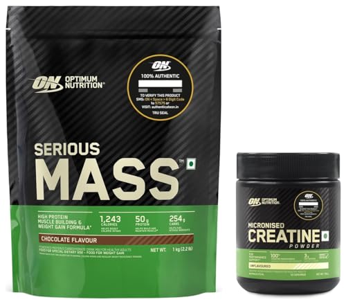 OPTIMUM NUTRITION (ON) Serious Mass Gainer powder (Veg) - Pack of 1 kg (Chocolate) & Optimum Nutrition (ON) Micronized Creatine Powder - 100 Gram, 33 Serves, Unflavored. COMBO