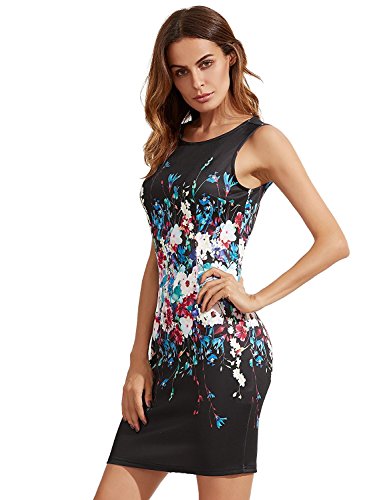 Floerns Women's Floral Print Sleeveless Sexy Bodycon Cocktail Party Round Neck Summer Dresses Black Multicolor Flower M