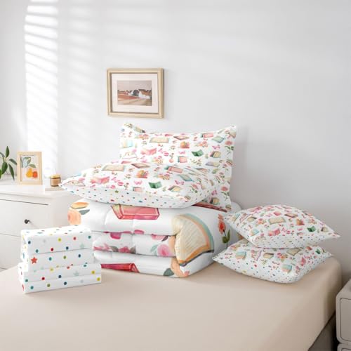 Image of Cartoon Books King Bedding Sets with Comforter,Flat & Fitted Sheet,Pillowcases,Pillow Covers 7 Pcs Garden Floral Fairy Tale Dreamy Comforter Set Watercolor Rose Pink Butterfly Bedroom Dorm