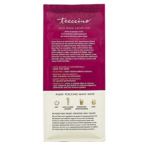 Teeccino Almond Amaretto Chicory Coffee Alternative - 11 Ounce - Ground Herbal Coffee That’s Prebiotic, Caffeine Free & Acid Free, Medium Roast