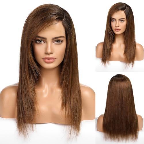 Image of KKU 18 Inch Ombre Brown Human Hair Wigs for Women,Human Hair Wigs With Bangs,Lace Front Wigs Human Hair