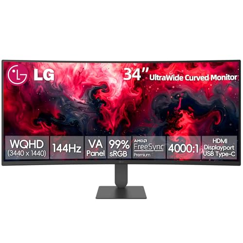 Image of LG 34 Inch UltraWide Curved Monitor, WQHD (3440 x 1440), 144Hz, AMD FreeSync Premium, HDR10, 99% sRGB, Dual Controller (KVM Switch), USB Type-C, HDMI, DisplayPort, Height /Tilt Adjustable Stand, Black