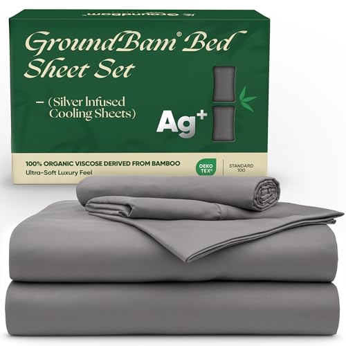 GroundBam Silver Infused Bed Sheets Set, Temperature-Regulating Fabric with Self-Cleaning Technology for 3X Freshness Sleep, Genuine 100% Organic Viscose Derived from Bamboo (Gray, Queen)