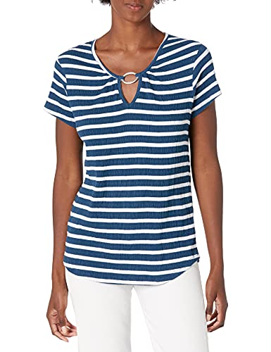 Jason Maxwell Women's Short Sleeve Keyhole Neck Top, Petrol Blue/White-Stripe, Large