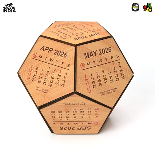Image of Gift Kya De 2026 Wooden Pentagon Desk Calendar | Premium 3D Big Size Table Calendar | Bamboo Wood Eco-Friendly Office Desk Decor | Unique Corporate Gift | Made in India (8x8 inch big size)