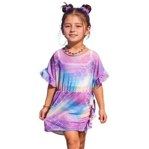 Little Girl Beach Cover Up Dress Ruffle Sleeves Mermaid Scale Swimsuit Cover Up Kids Bathing Suit