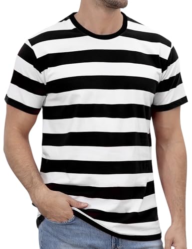 Funny World Black White Striped Shirt Men Casual T-Shirts, Black, Large | Cotton,Stripes,Basic Tee,Crew Neck,Short Sleeve,Breathable,Cosplay,Daily,Casual,Rib Collar,Double Needle Cover-Seam
