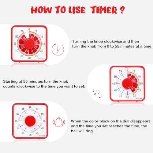 Secura 7.5-Inch Fruit Visual Timer for Kids, 60-Minute Countdown Timer for Classroom or Kitchen, Durable Mechanical Timer Clock with Magnetic Backing (Grapefruit)