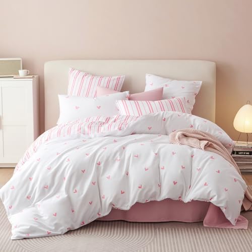 Image of Duvet Cover Full Size White Pink Heart Striped Reversible Comforter Cover 3 Piece Kids Girls Cute Soft Microfiber Bedding Set with Zipper Closure and 2 Pillow Shams