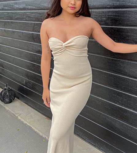 Sdencin Women Sexy Twist Knot Front Ribbed Knit Bodycon Bandeau Tube Dress Casual Solid Strapless Maxi Long Dress2