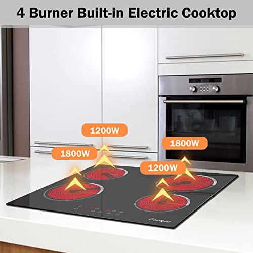 Electric Cooktop 24 Inch, Cooksir Drop-In Electric Stove Top With 4 Burners 220-240V, Sensor Touch Control, Vitro Ceramic Glass, Timer, Kids Lock, 9 Heating Level, Hard Wired, No Plug #TOP2