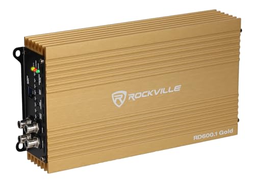 Image of Rockville RD600.1 Gold 1 Ohm Mono Car Amplifier, 600W RMS / 2400W Peak | Compact Class D, Metal Bass Knob, Clipping Indicator, MOSFET Power Supply, 45Hz Bass Boost, Tiffany RCA, Car Audio Amp