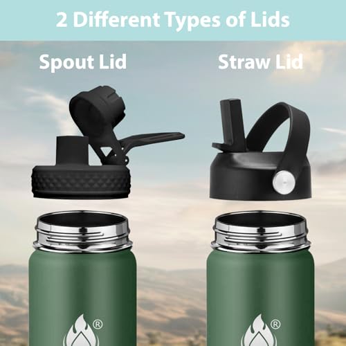 Image of Insulated Water Bottle 32 oz with Straw, Stainless Steel Wide Mouth Water Bottle, Double Wall Vacuum Leak Proof with Straw Lid & Spout Lid for Sports or Office, Keep Cold or Hot Up to 24 Hrs