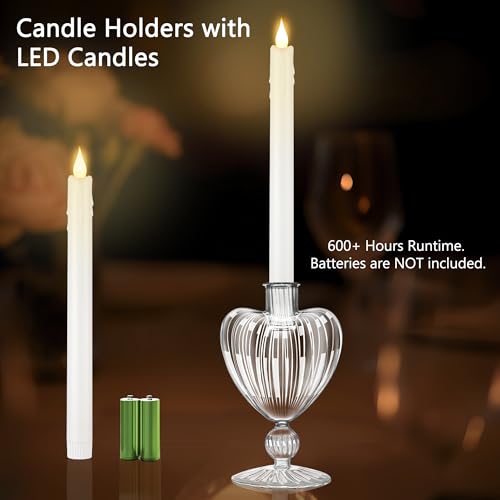 Image of Flameless Taper Candle with Vintage Glass Candle Holder, Set of 2, Wedding Dating Party Table Decor Centerpiece, Heart Shaped, Clear