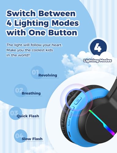 Image of iClever BTH12 Kids Bluetooth Headphones,Colorful LED Lights Wireless Kids Headphones,74 /85 /94dB Volume Limited,55H Playtime,Bluetooth 5.2,Over Ear Headphones with Mic for iPad /Tablet /Traveling,Black