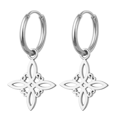 cotigo-Pendientes Nudo de Bruja y Tetragramatón | Acero Inoxidable | Amuleto de Protección contra Malas Energías | Incluye una Pulsera Roja 7 Nudos de Regalo (Con Aro Plateado)