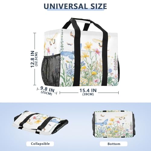 Large Waterproof Travel Tote Bag for Women Men, Spring Flower Herbs Butterfly Canvas Beach Bag with Lining & Pockets - Reusable Grocery/Laundry/Kitchen/Pool/Picnic Tote (15.4x9.8x12.8in)3